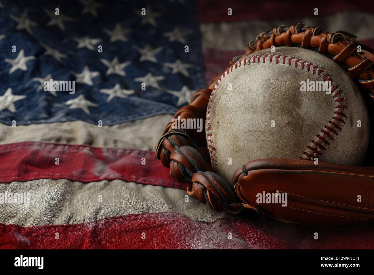 Palla con guanto da baseball sparato su sfondo bandiera americana Foto Stock