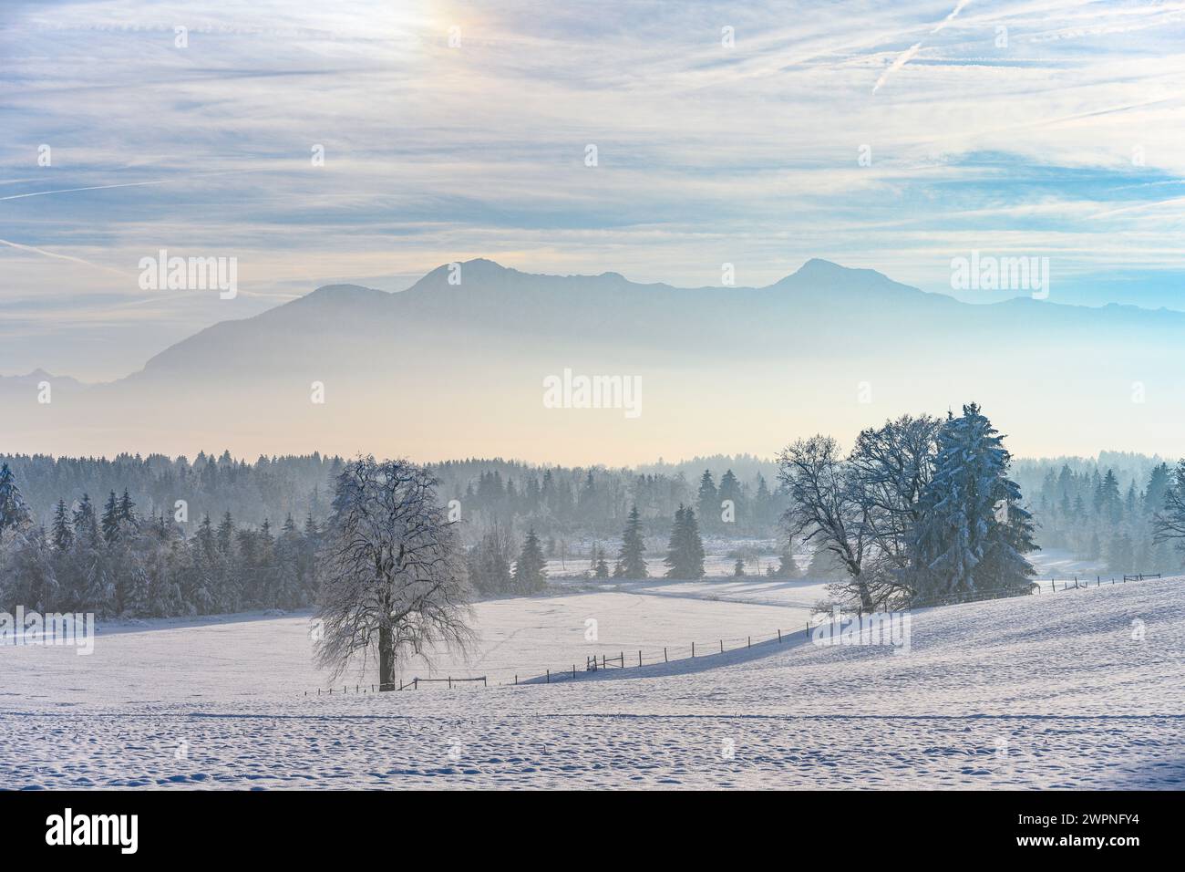 Germania, Baviera, Pfaffenwinkel, Penzberg, St Johannisrain, paesaggio invernale ai piedi delle Alpi Foto Stock