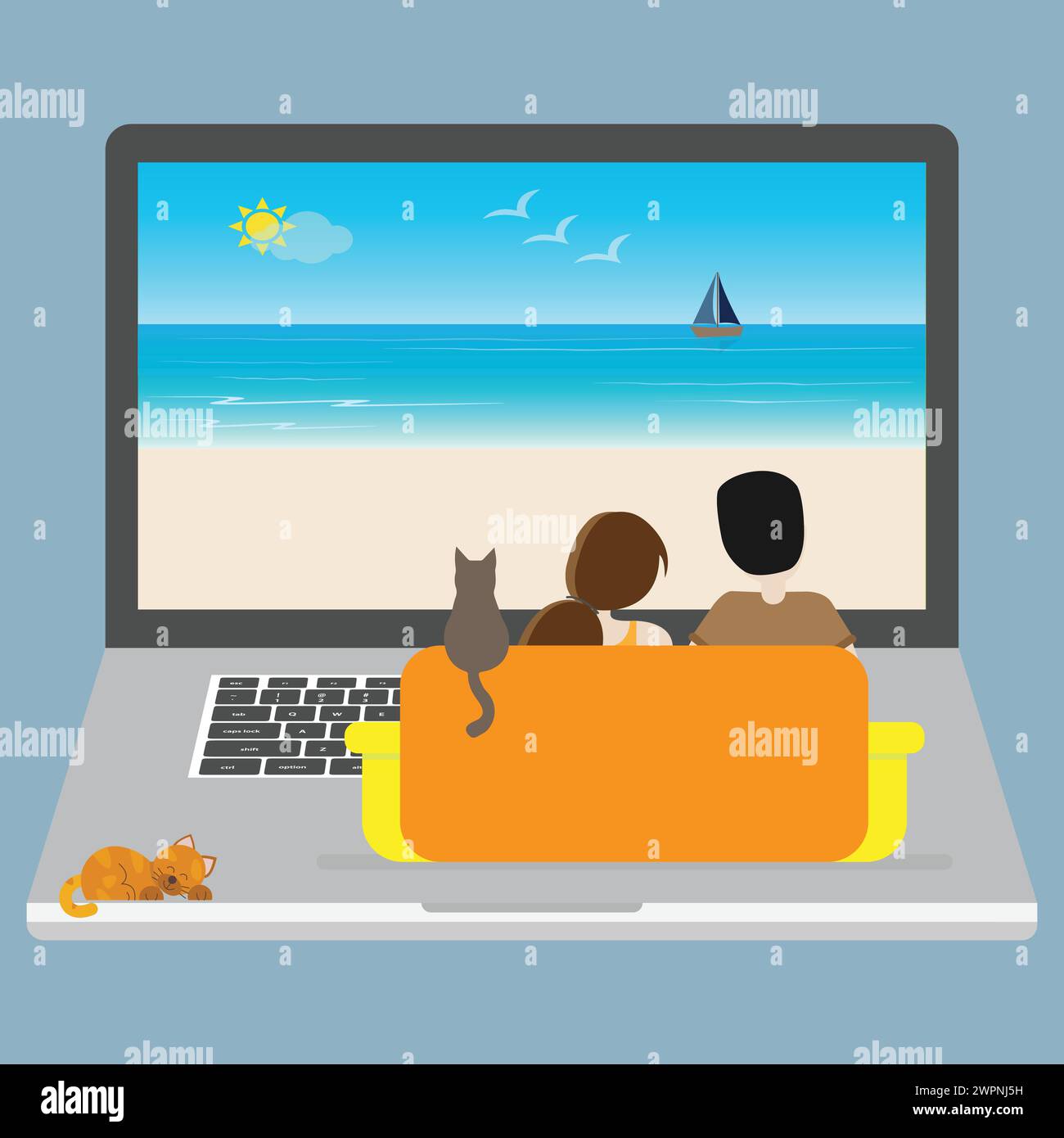 Una coppia e un gatto seduti su un divano su un computer portatile e guardando lo schermo con un'immagine del mare Illustrazione Vettoriale