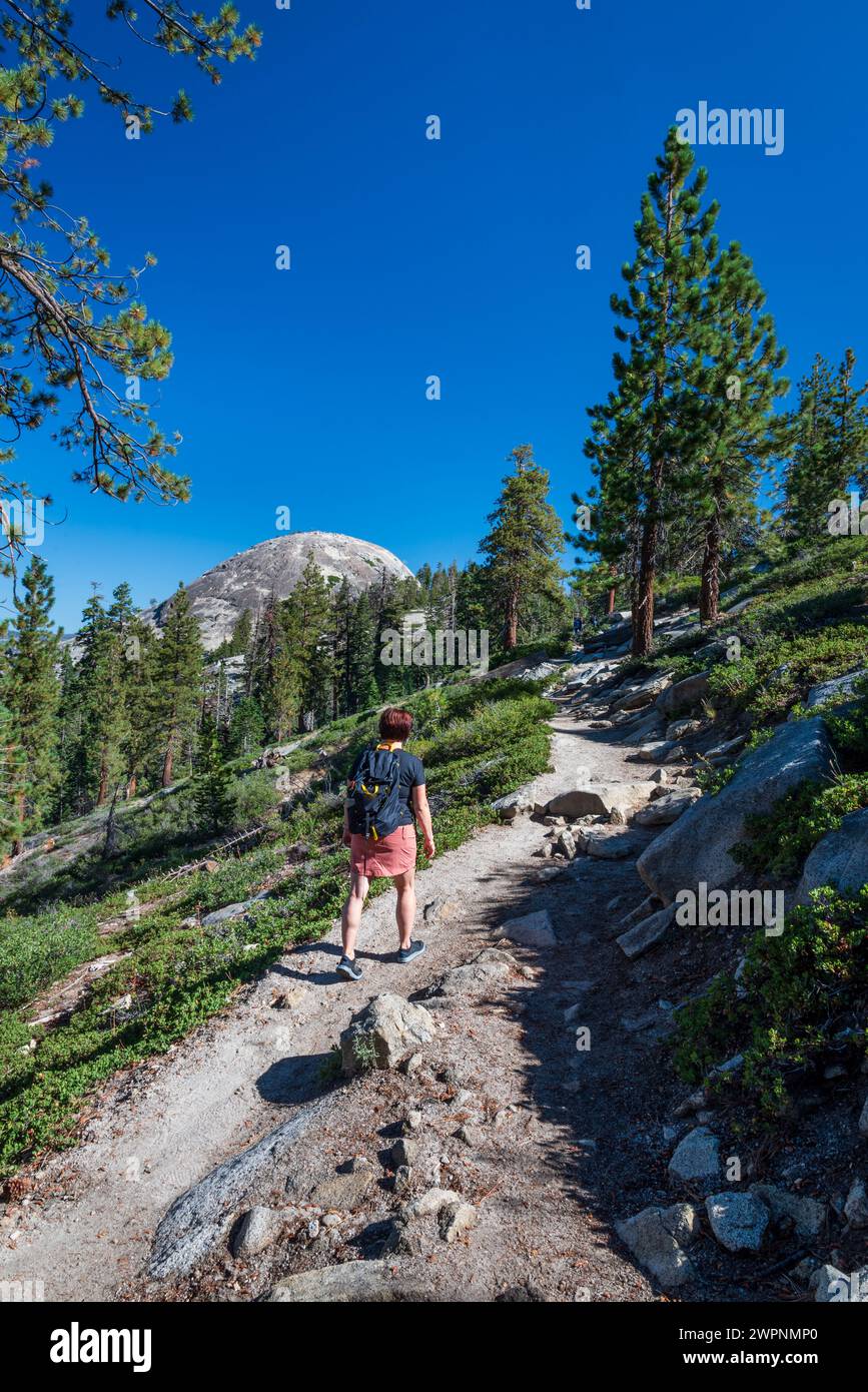 Donna che fa un'escursione sul sentiero che porta al Sentinel Dome, allo Yosemite National Park, California, Stati Uniti. Foto Stock