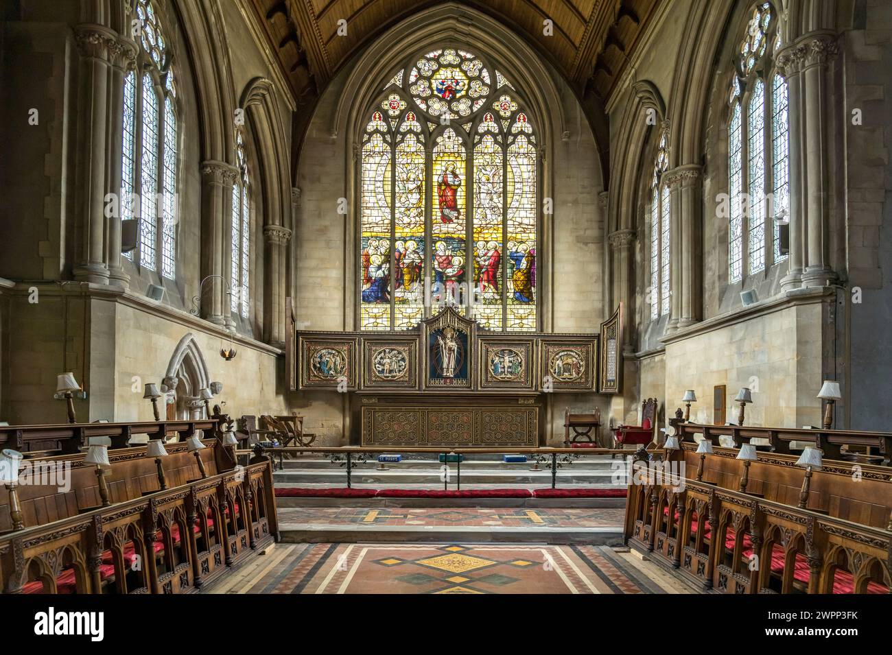 Interno della chiesa del priorato di Santa Maria a Chepstow, Galles, Gran Bretagna, Europa Foto Stock