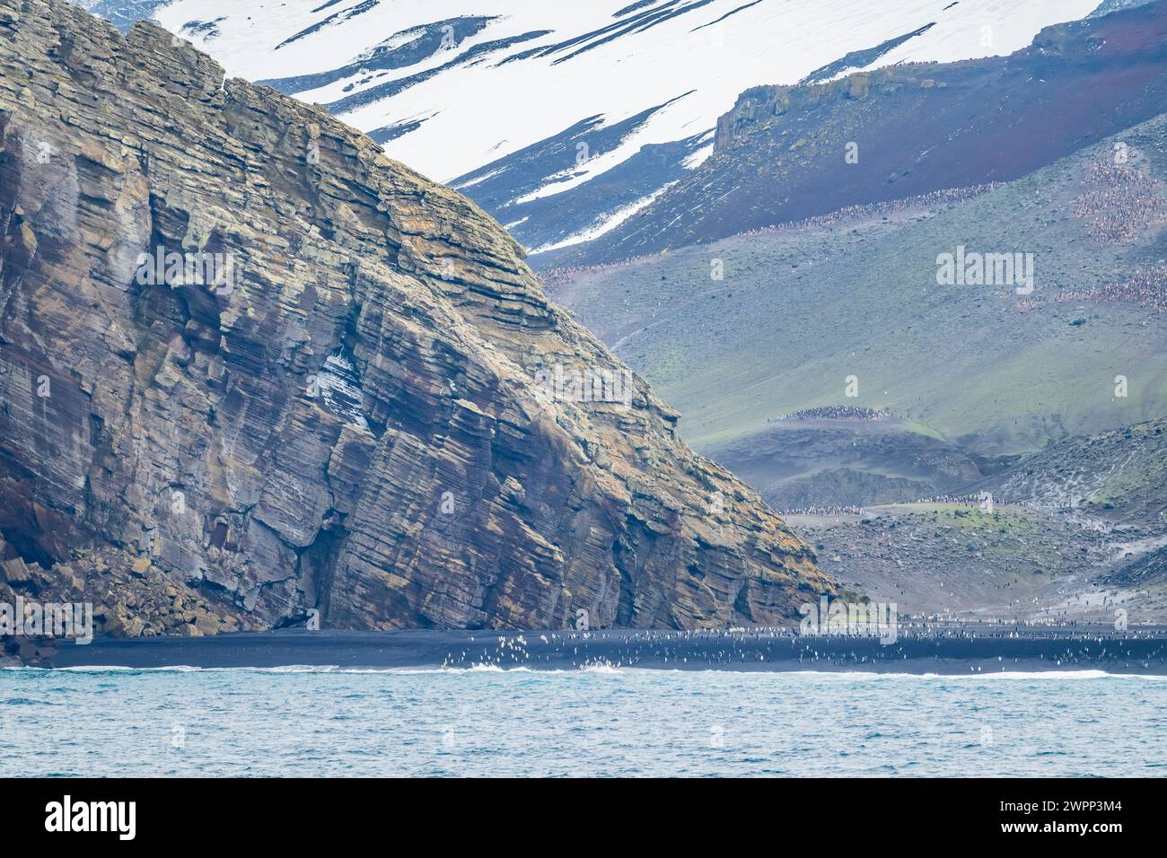 Strati di depositi di cenere vulcanica formano la scogliera sulla costa. L'isola dell'inganno, Antartide. Foto Stock