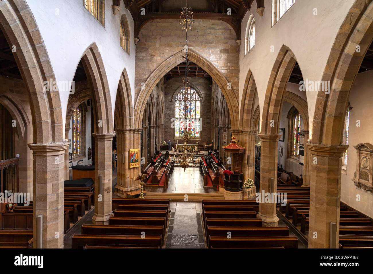 All'interno del Lancaster Priory o della Priory Church of St Mary a Lancaster, Lancashire, Inghilterra, Gran Bretagna, Europa Foto Stock