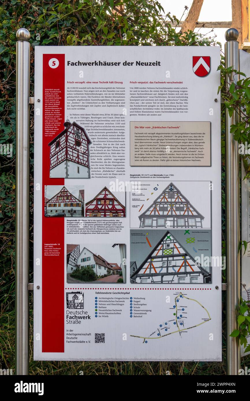 Nehren, quartiere di Tübingen, bacheca informativa sulla storia delle case in legno dell'era moderna di Nehren. Foto Stock