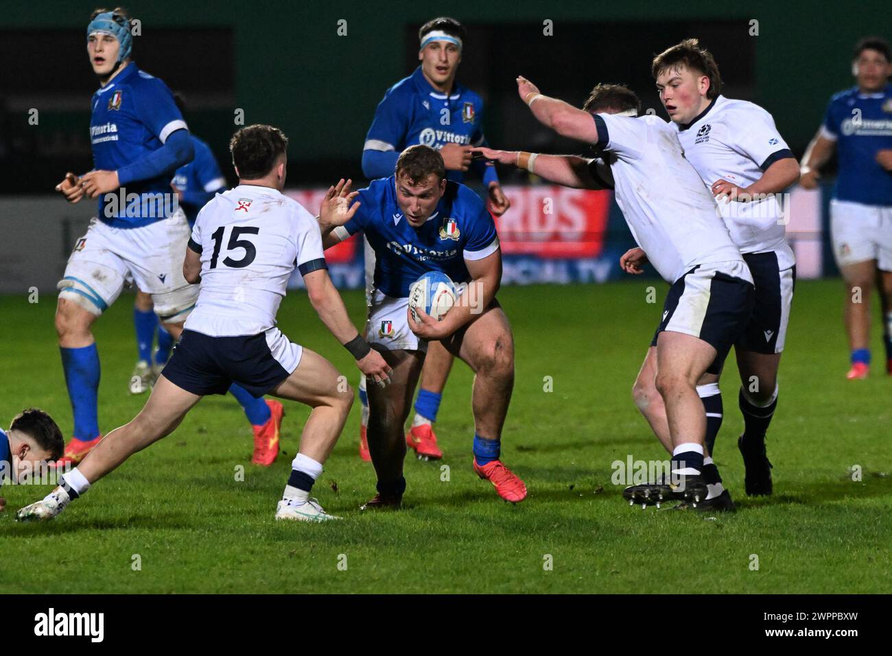 Treviso, Italia. 8 marzo 2024. Durante la partita del Campionato delle sei Nazioni Under 20 tra Italia U20 e Scozia U20 l'8 marzo allo Stadio Monigo di Treviso, Italia durante la partita delle sei Nazioni U20 - Italia contro Scozia, Rugby Six Nations di Treviso, Italia, 08 marzo 2024 Credit: Independent Photo Agency/Alamy Live News Foto Stock