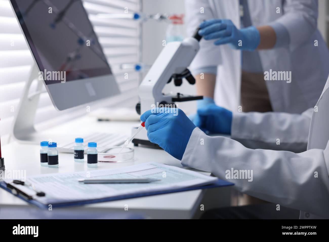 Scienziati che lavorano con campioni in laboratorio, primo piano. Ricerca medica Foto Stock