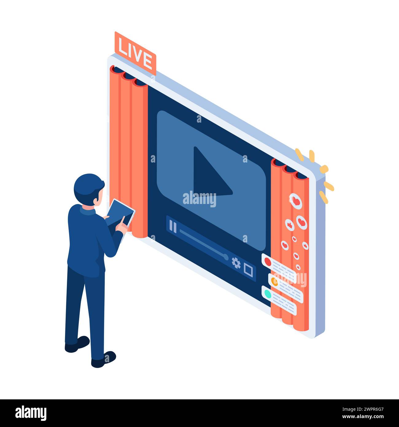 Uomo d'affari isometrico 3d che guarda lo streaming live. Live streaming e Video Marketing. Illustrazione Vettoriale