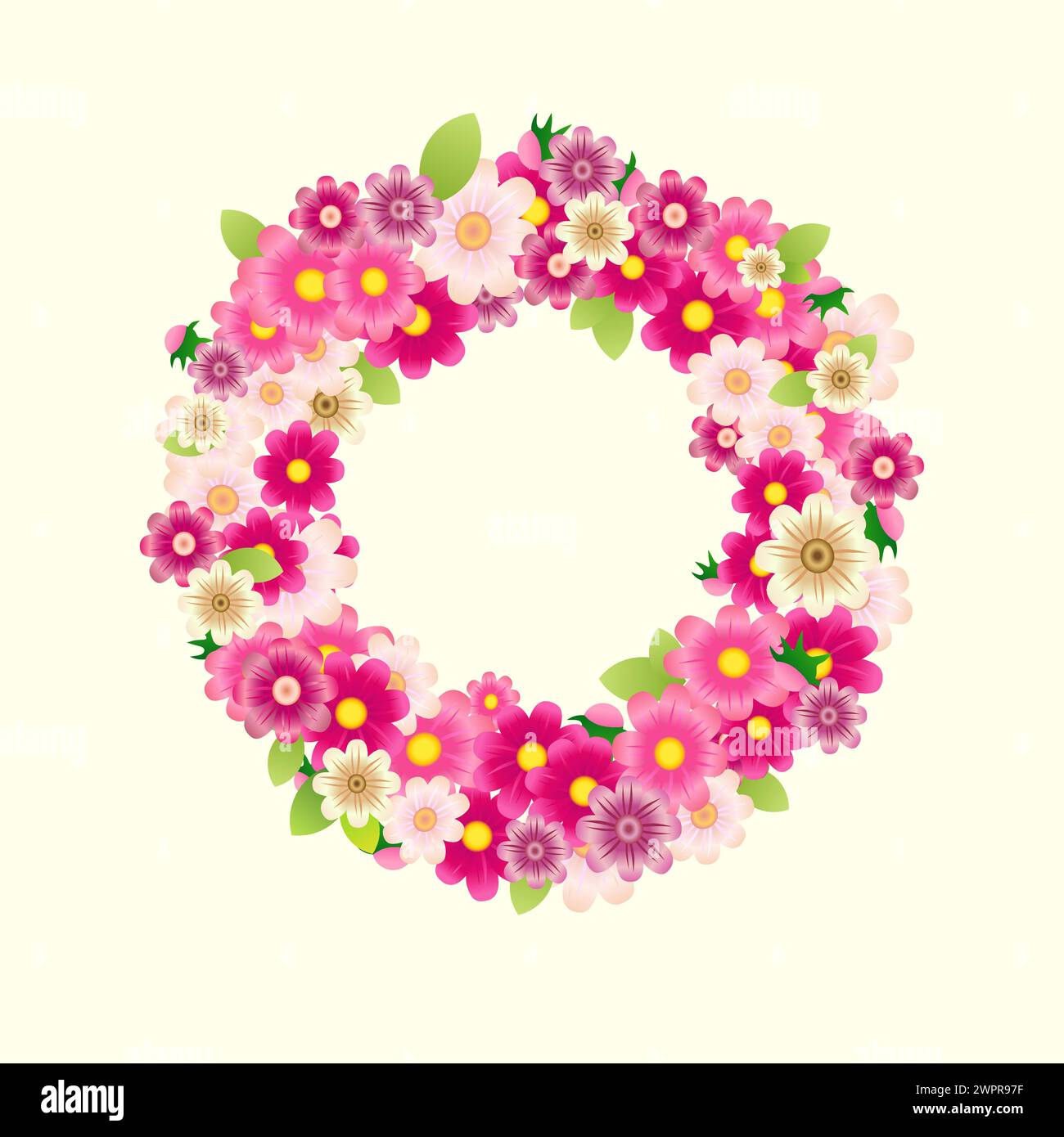 Graziosa corona floreale. Design in stile 3D. Sfondo vuoto. Decorazione delle porte. Cornice rotonda con fiori rosa e foglie verdi. Set di fiori vettoriali. Illustrazione Vettoriale