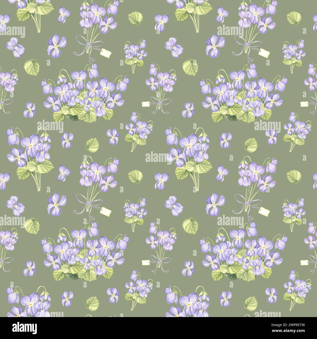 Motivo senza cuciture di viola selvatica con foglie verdi. Sfondo disegnato ad acquerello a mano con fiore di fiori di pansia a molla. Modello per fab Foto Stock