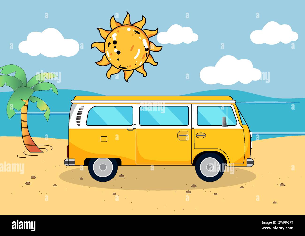 Illustrazione vettoriale di un mini van parcheggiato sulla spiaggia, con un cielo azzurro e un sole splendente sullo sfondo. atmosfera rilassata di un beac Illustrazione Vettoriale