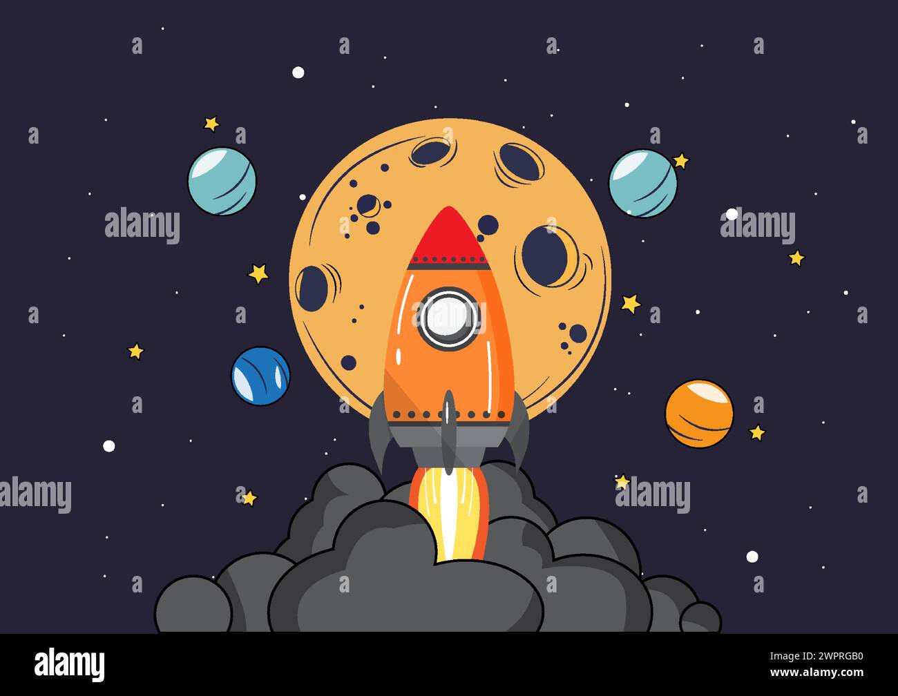 Illustrazione vettoriale di un razzo che si lancia da una rampa di lancio, che sale verso la luna, circonda pianeti. eccitazione dell'esplorazione spaziale, Illustrazione Vettoriale