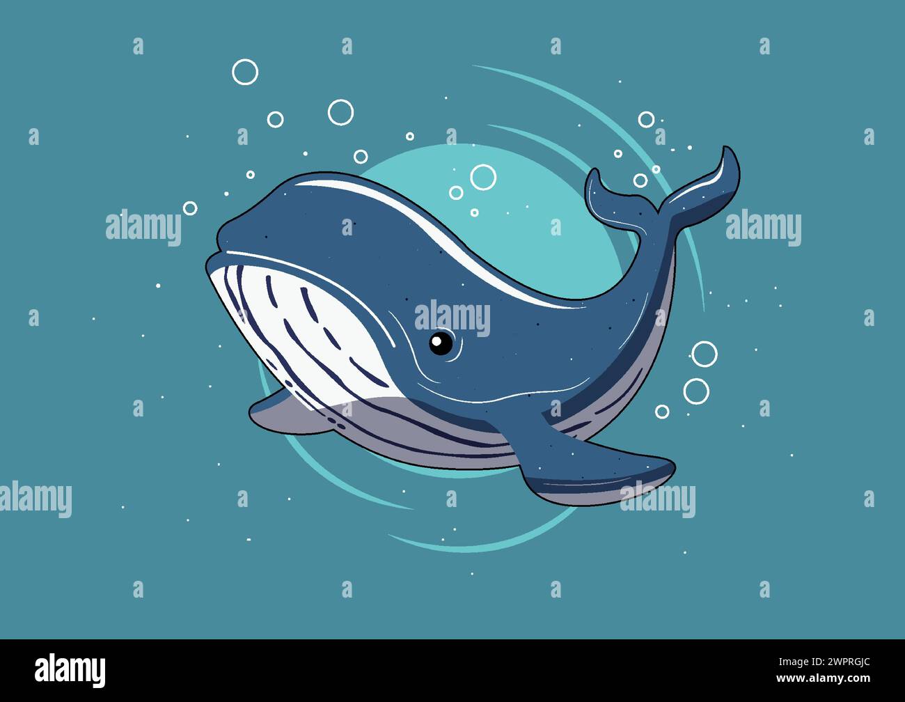 Illustrazione vettoriale di una balena che nuota con le bolle che si innalzano sopra. Questa divertente opera d'arte cattura Illustrazione Vettoriale