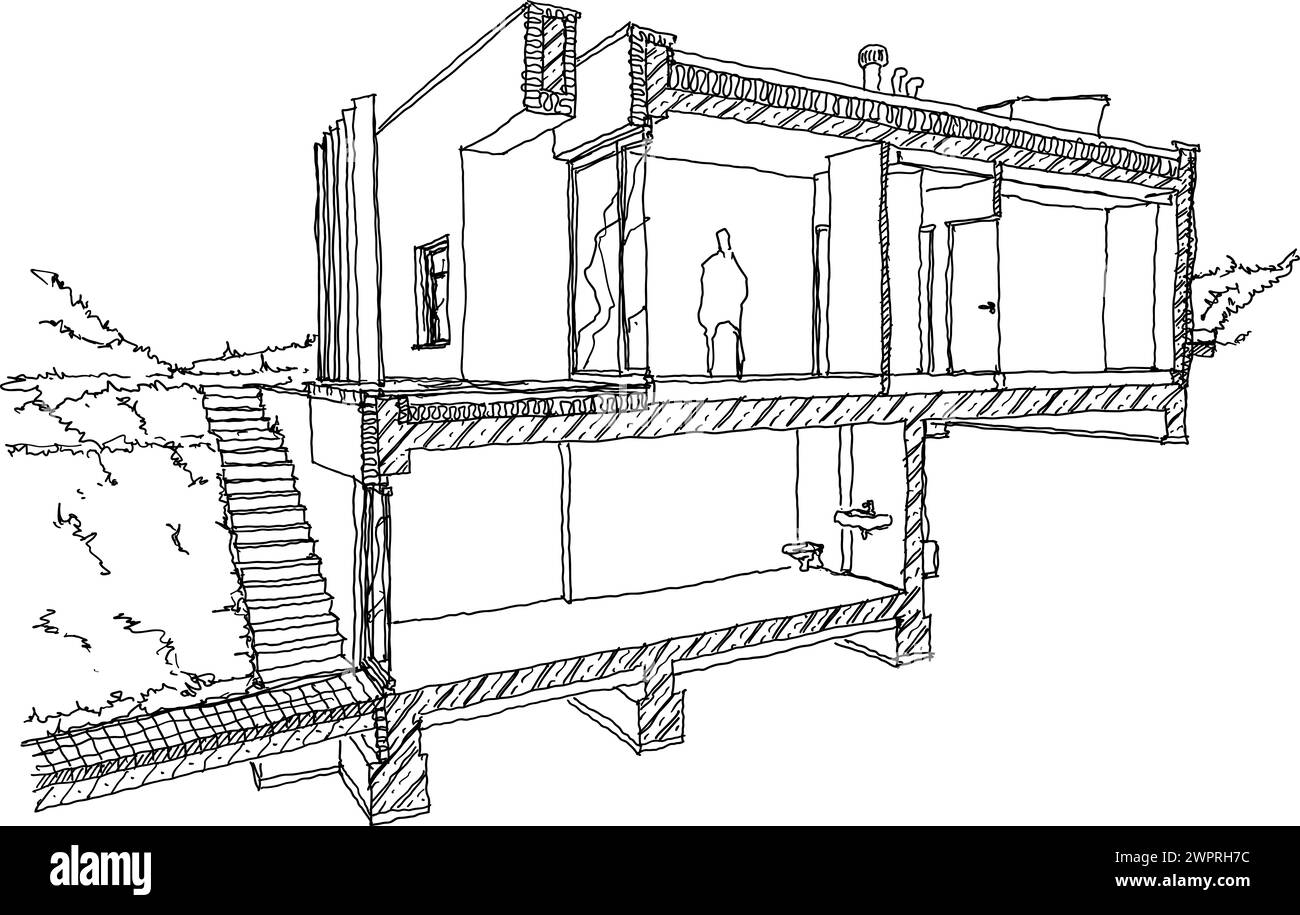 disegno architettonico disegnato a mano di una sezione di una moderna casa indipendente a due piani con tetto piatto e giardino Foto Stock