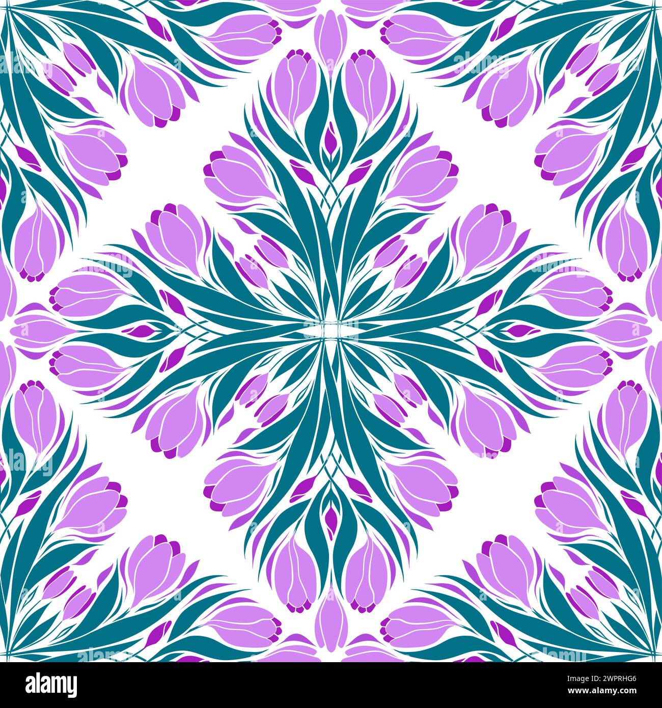 Schema caleidoscopio vettoriale senza cuciture con iride. Superficie in stile Art Nouveau con crocchi decorativi su sfondo bianco. Texture floreale primaverile Illustrazione Vettoriale