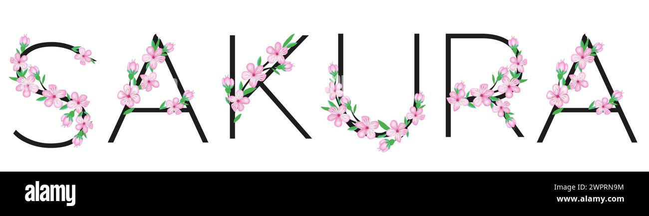 Ramo di fiori di ciliegio rosa Sakura, isolare su sfondo bianco per tessere nuziali, invitare, tessuto design, album, origami. Stile Vector japan Illustrazione Vettoriale