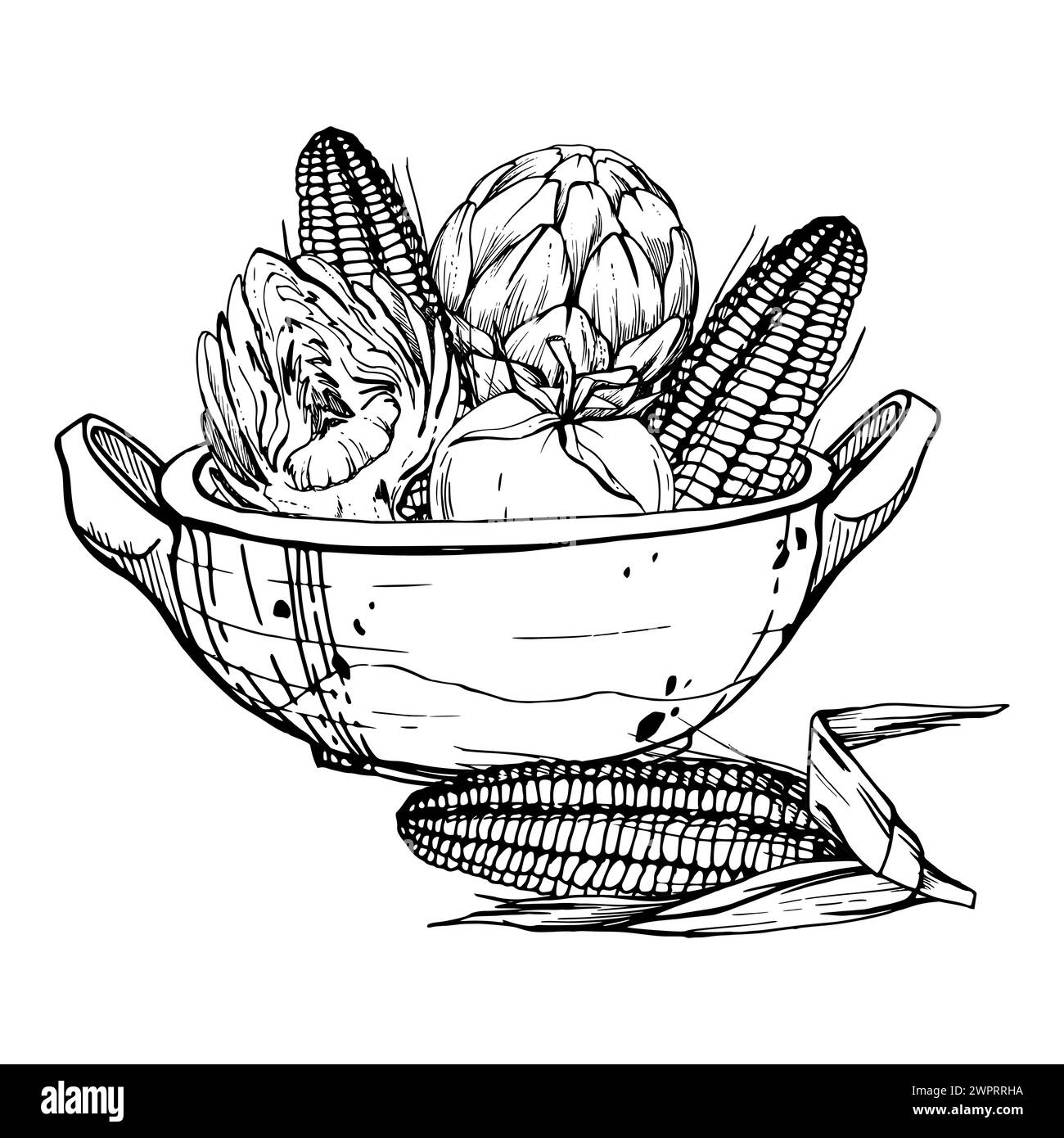 Illustrazione del vettore di inchiostro disegnato a mano, pentola di cottura ceramica stufato di verdure mais quinoa, cucina sudamericana composizione isolata su bianco Illustrazione Vettoriale