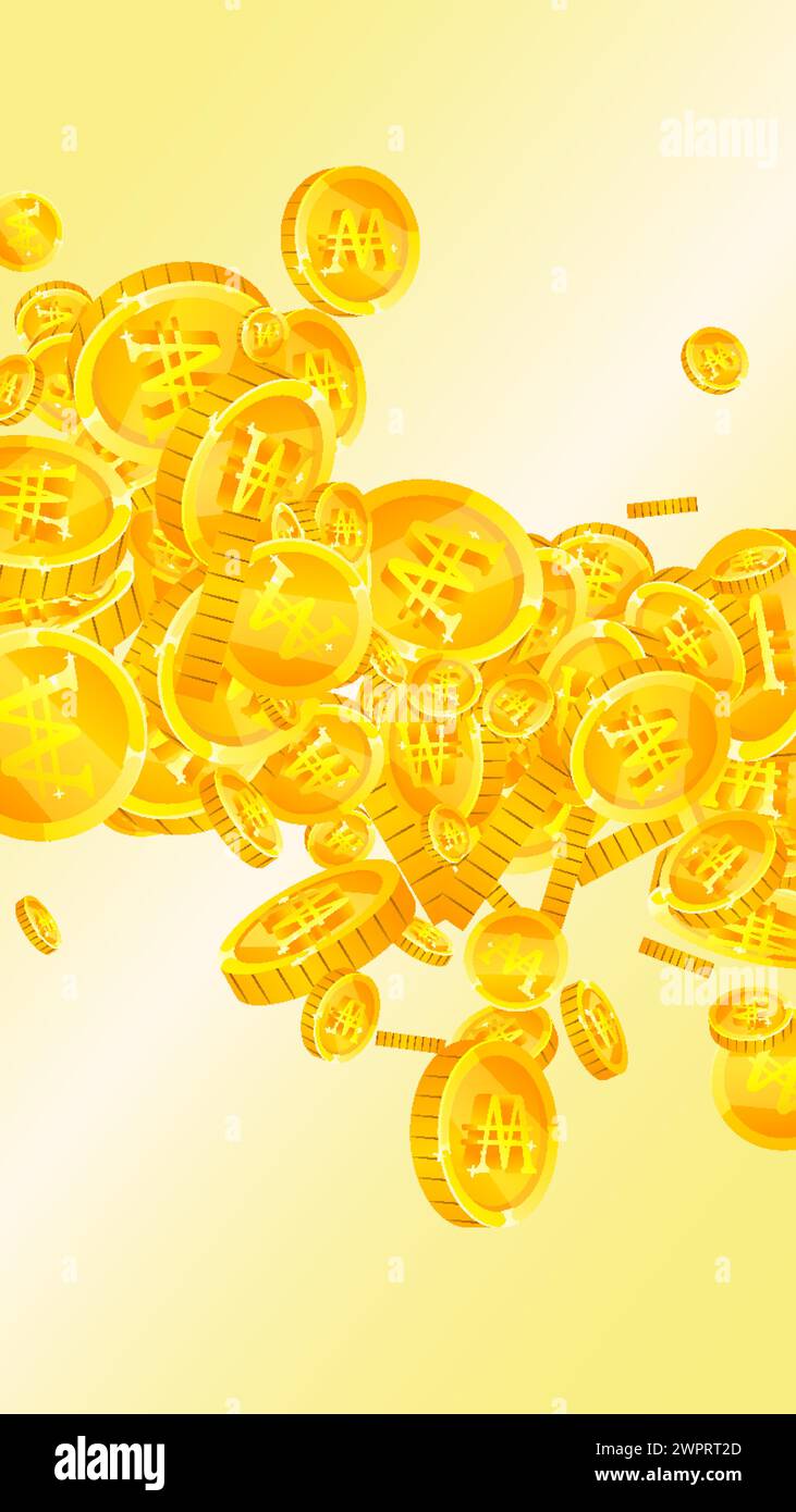 Il coreano ha vinto monete in calo. Monete D'oro sparse. Soldi della Corea. Concetto di crisi finanziaria globale. Illustrazione vettoriale. Illustrazione Vettoriale
