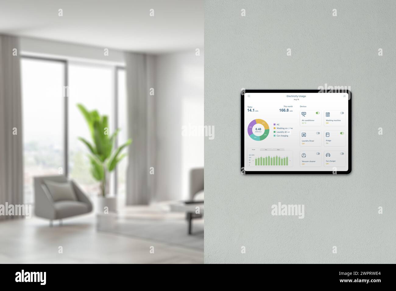 Il tablet visualizza il consumo di energia e l'analisi dei dispositivi in casa a parete con lo sfondo del salotto. Concetto di tecnologia per la casa intelligente Foto Stock
