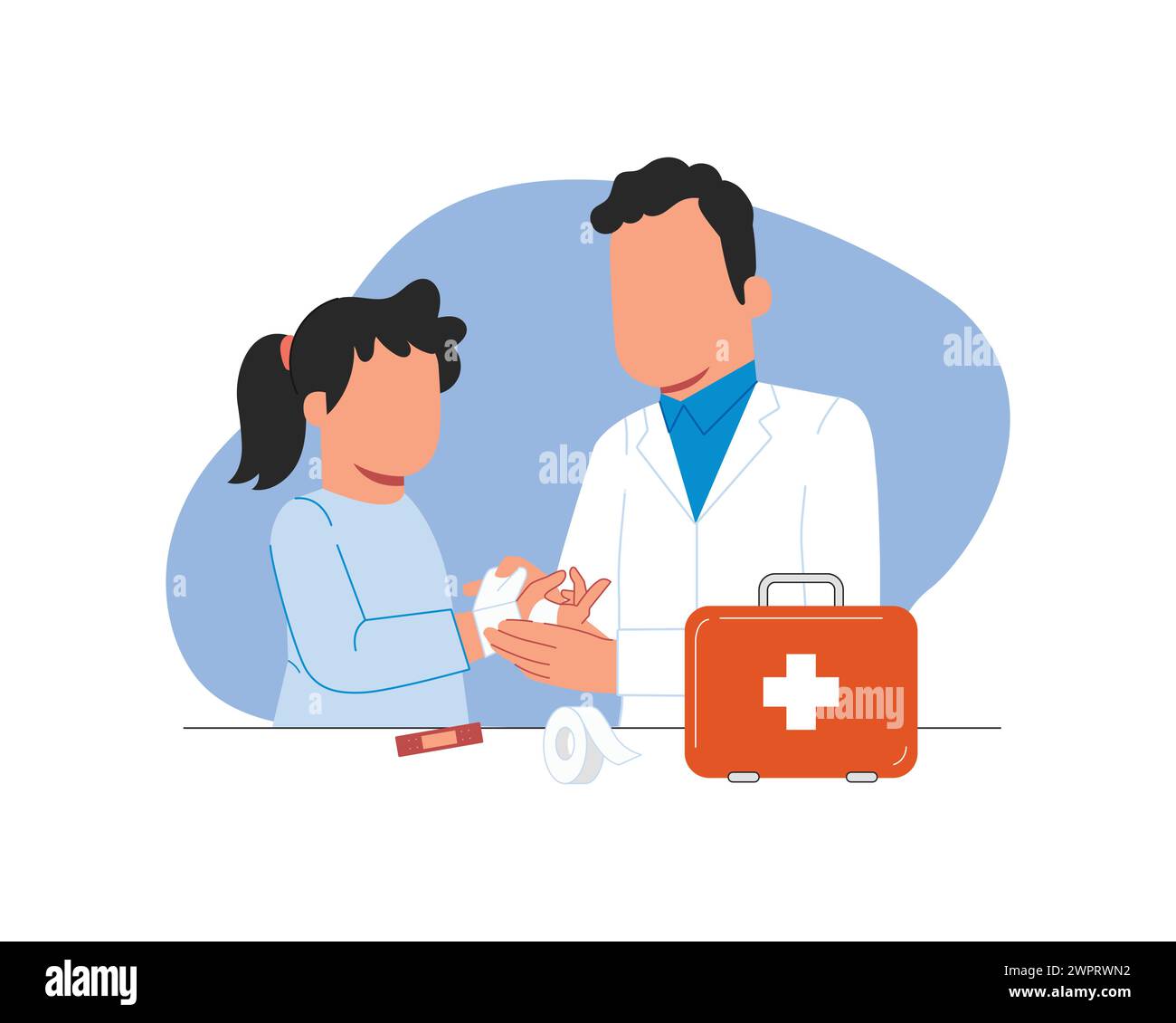 Illustrazione vettoriale di un medico e di una bambina con un kit di pronto soccorso. Salute e design piatto medico Illustrazione Vettoriale
