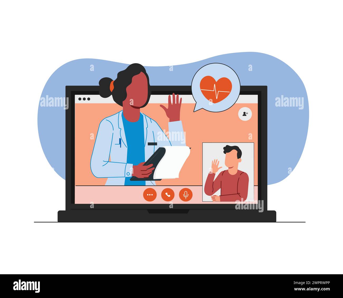 Consultazione medica online. Donna medico e paziente in videochiamata. Illustrazione vettoriale in stile piatto Illustrazione Vettoriale
