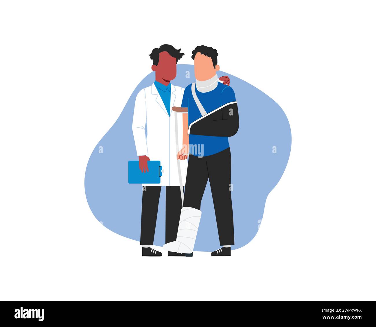 Una persona medica in bianco aiutare un uomo ferito con il braccio rotto. Illustrazione vettoriale in stile piatto. Illustrazione Vettoriale