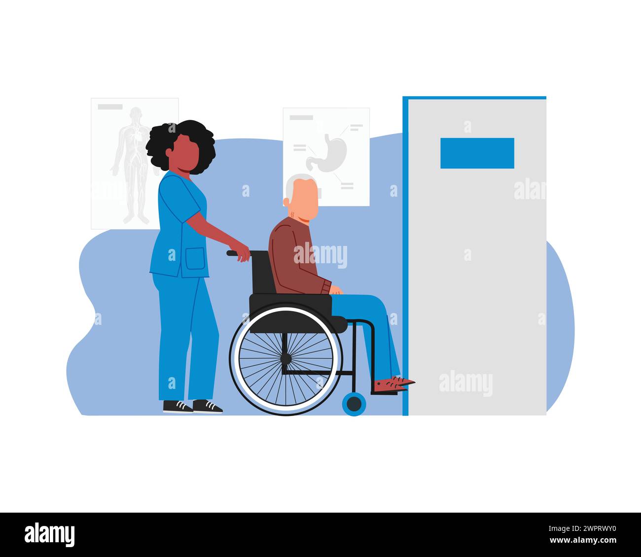 un'illustrazione di un infermiere che aiuta un uomo anziano su una sedia a rotelle Illustrazione Vettoriale