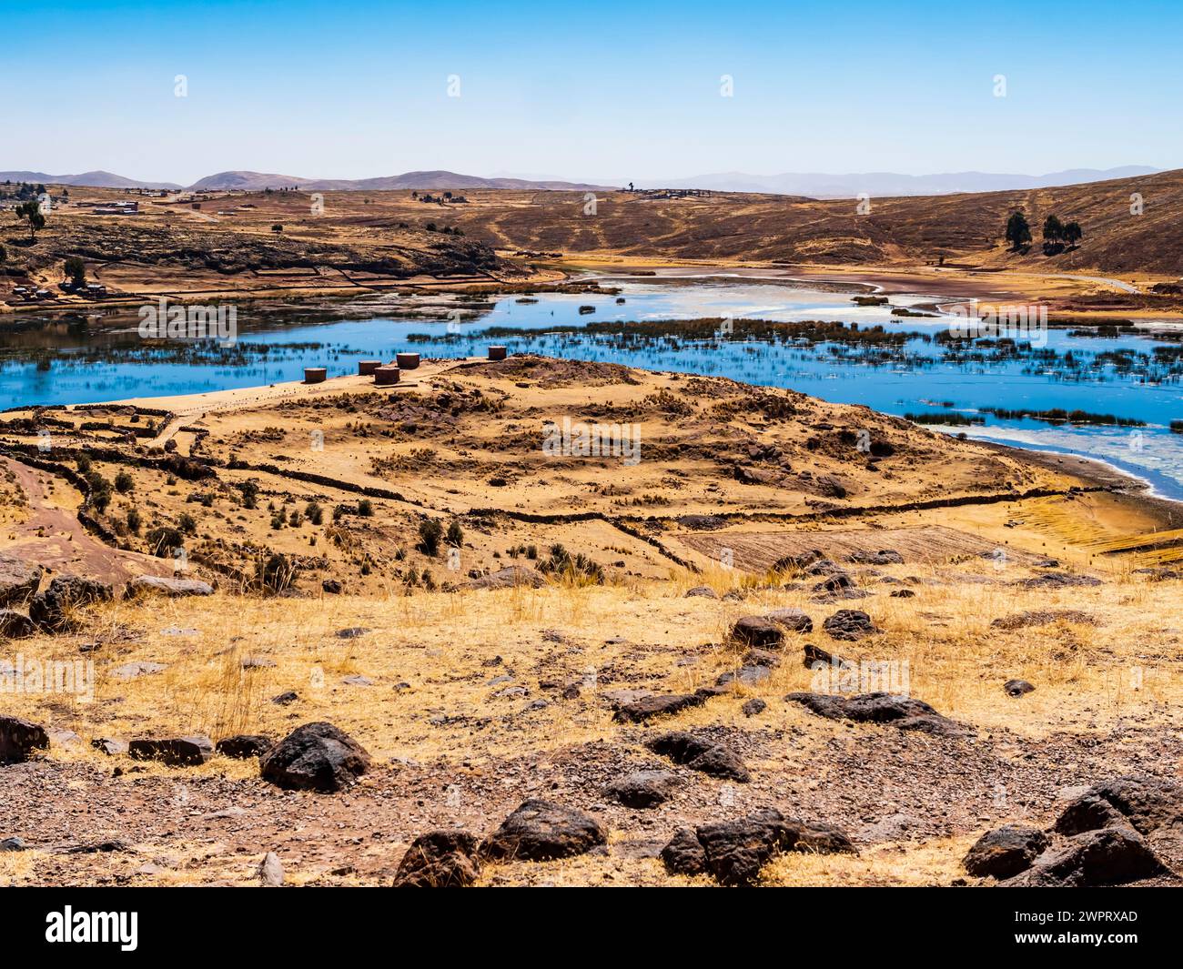 Vista panoramica del sito archeologico di Sillustani con terre aride e laguna popolata da fenicotteri, regione di Puno, Perù Foto Stock