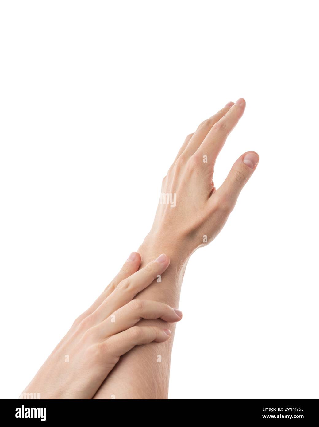 Uomo adulto mani cura della pelle o gesto cosmetico isolato su sfondo bianco, alto dettaglio Foto Stock