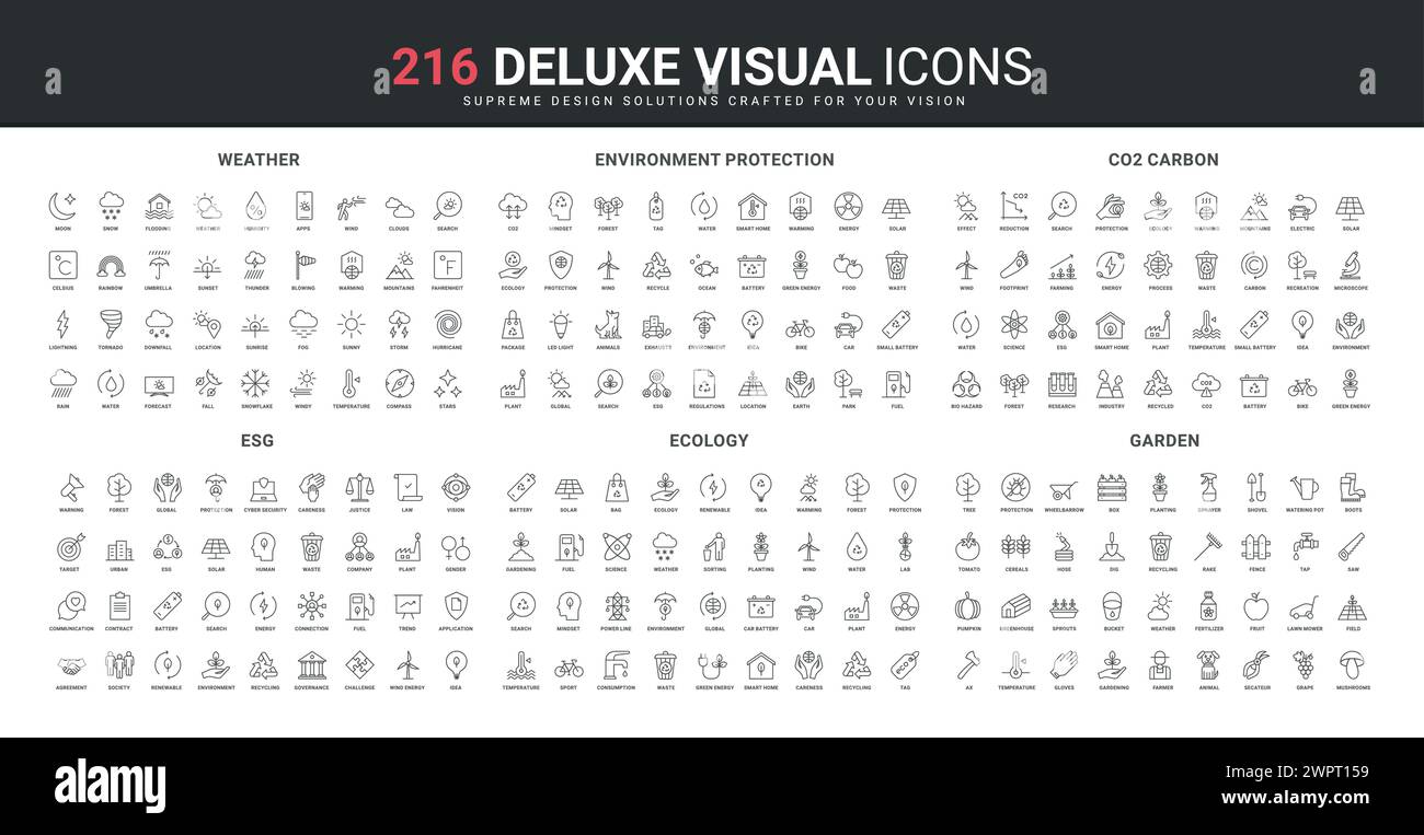 Set di icone ESG, ecologia e meteo, opere giardino. Previsione di temperatura e umidità, energia verde e riciclaggio, impronta di CO2 sull'ambiente simboli sottili di contorno neri illustrazione vettoriale Illustrazione Vettoriale