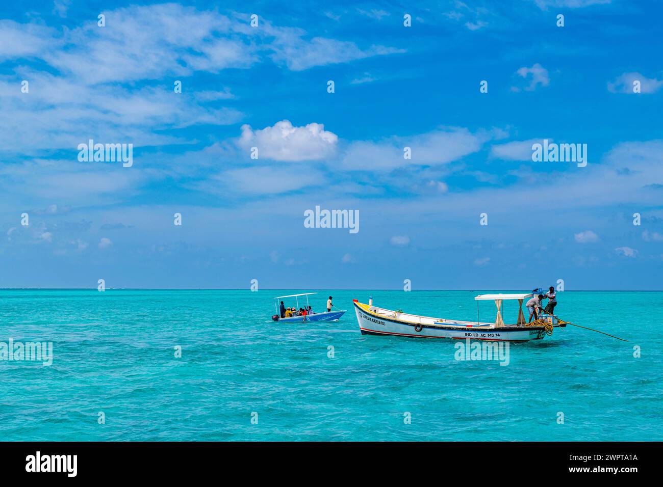 Piccola barca, isola di Agatti, arcipelago di Lakshadweep, territorio dell'Unione dell'India Foto Stock