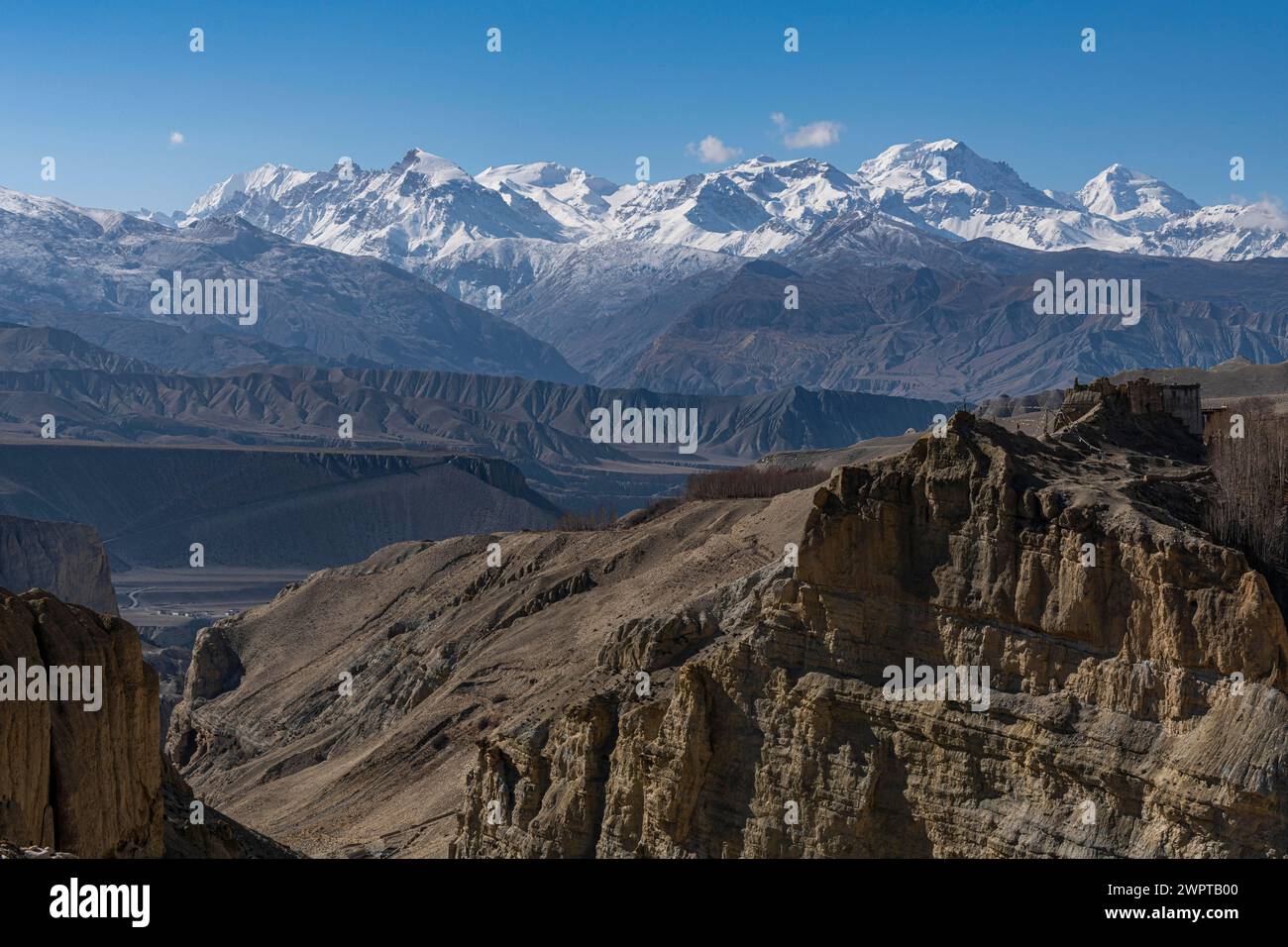 Vecchio palazzo, dzong nel villaggio di Tsarang prima della catena montuosa dell'Annapurna, Regno di Mustang, Nepal Foto Stock Vecchio palazzo, dzong nel villaggio di Tsarang prima della catena montuosa dell'Annapurna, Regno di Mustang, Nepal Foto Stock