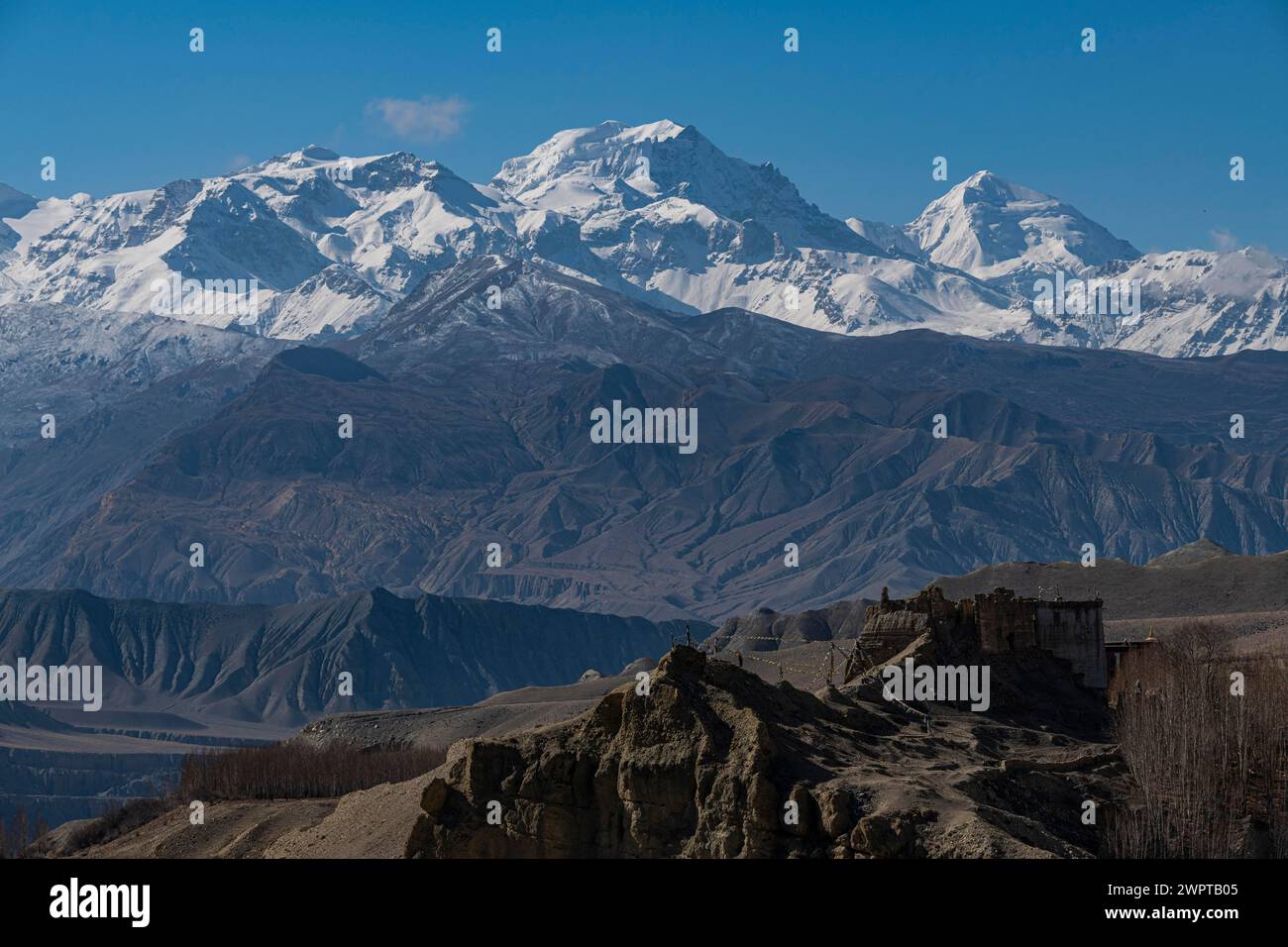 Vecchio palazzo, dzong nel villaggio di Tsarang prima della catena montuosa dell'Annapurna, Regno di Mustang, Nepal Foto Stock Vecchio palazzo, dzong nel villaggio di Tsarang prima della catena montuosa dell'Annapurna, Regno di Mustang, Nepal Foto Stock