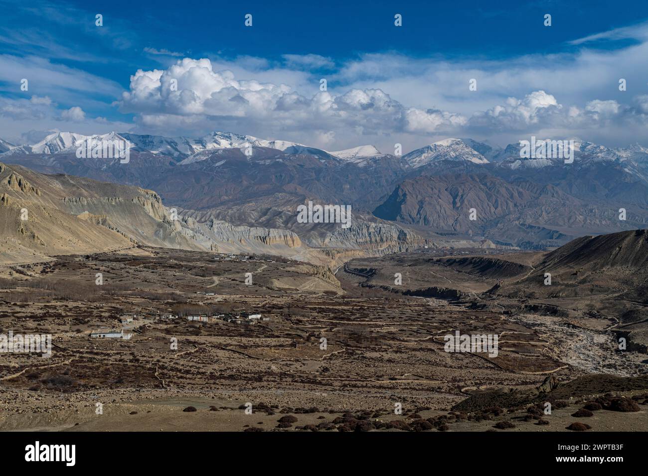 Paesaggio terrazzato in un paesaggio di montagna, monastero di Ghar Gumba, Regno di Mustang, Nepal Foto Stock