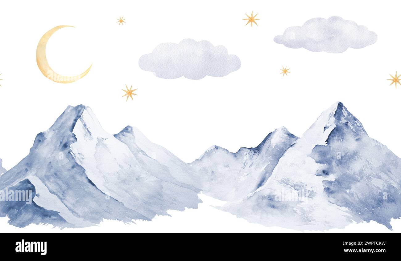 Striscione o cornice senza cuciture con immagini ad acquerello di montagne, luna, stelle, nuvole. Paesaggio fatto a mano, adatto per carta da parati e camera Foto Stock