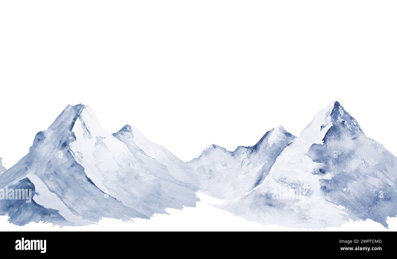 Striscioni o cornici senza cuciture con immagini ad acquerello di montagne di color azzurro innevato. Paesaggio fatto a mano, adatto per la carta da parati e l'arredamento di ambienti, cartoline Foto Stock