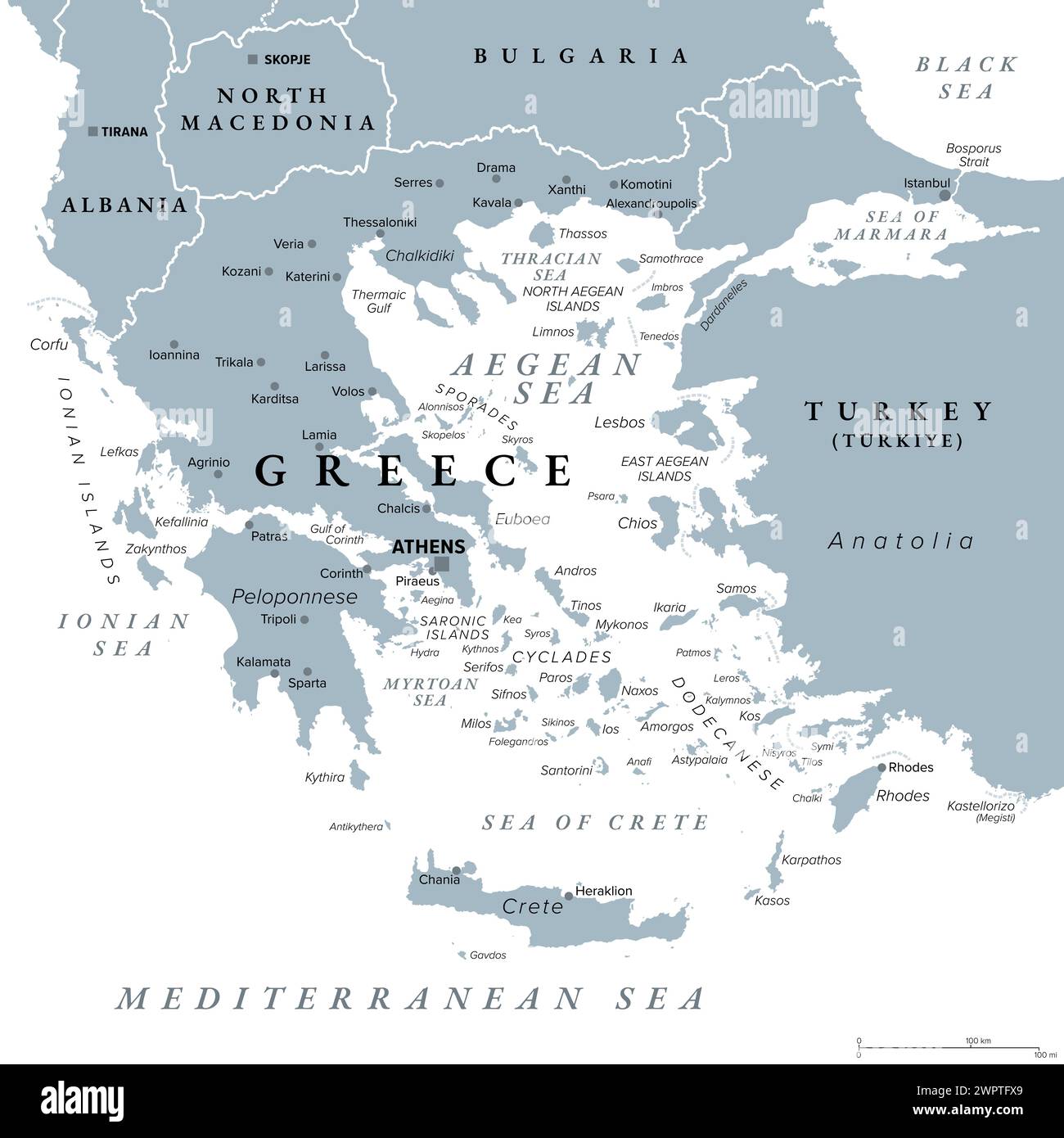 Grecia, Repubblica ellenica, mappa politica grigia. Paese dell'Europa sudorientale sulla punta meridionale della penisola balcanica, con capitale Atene. Foto Stock
