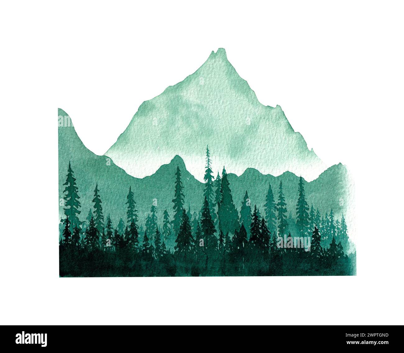 Illustrazione dell'acquerello disegnato a mano di Foggy Landscape. Montagne di Foggy e sagoma di alberi. Foto Stock