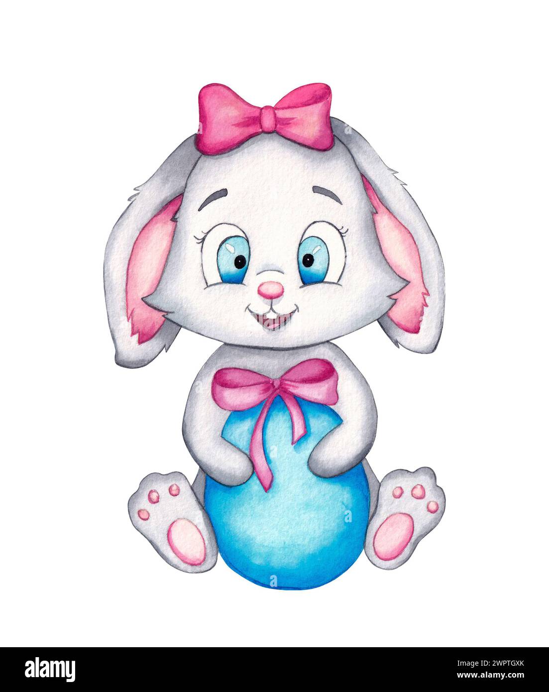 Simpatica coniglietta con uovo di Pasqua. Illustrazione ad acquerello disegnata a mano isolata su sfondo bianco. Perfetto per cartoline, cartoline, etichette, inviti Foto Stock