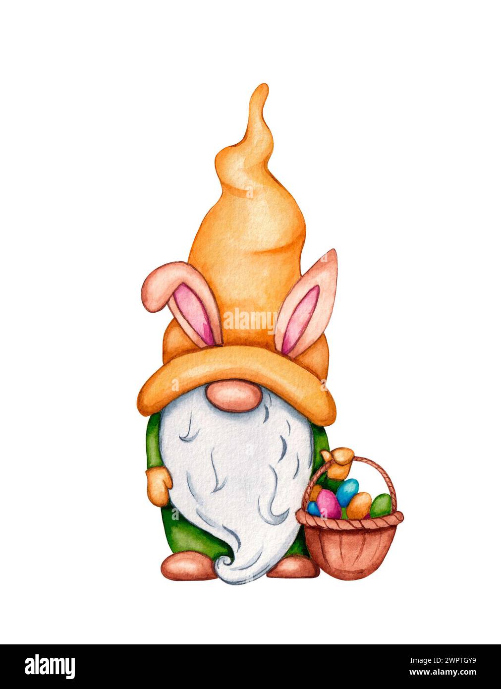 Un piccolo e carino gnomo pasquale con un cesto di uova colorato. Acquerello felice illustrazione delle vacanze di Pasqua. Foto Stock