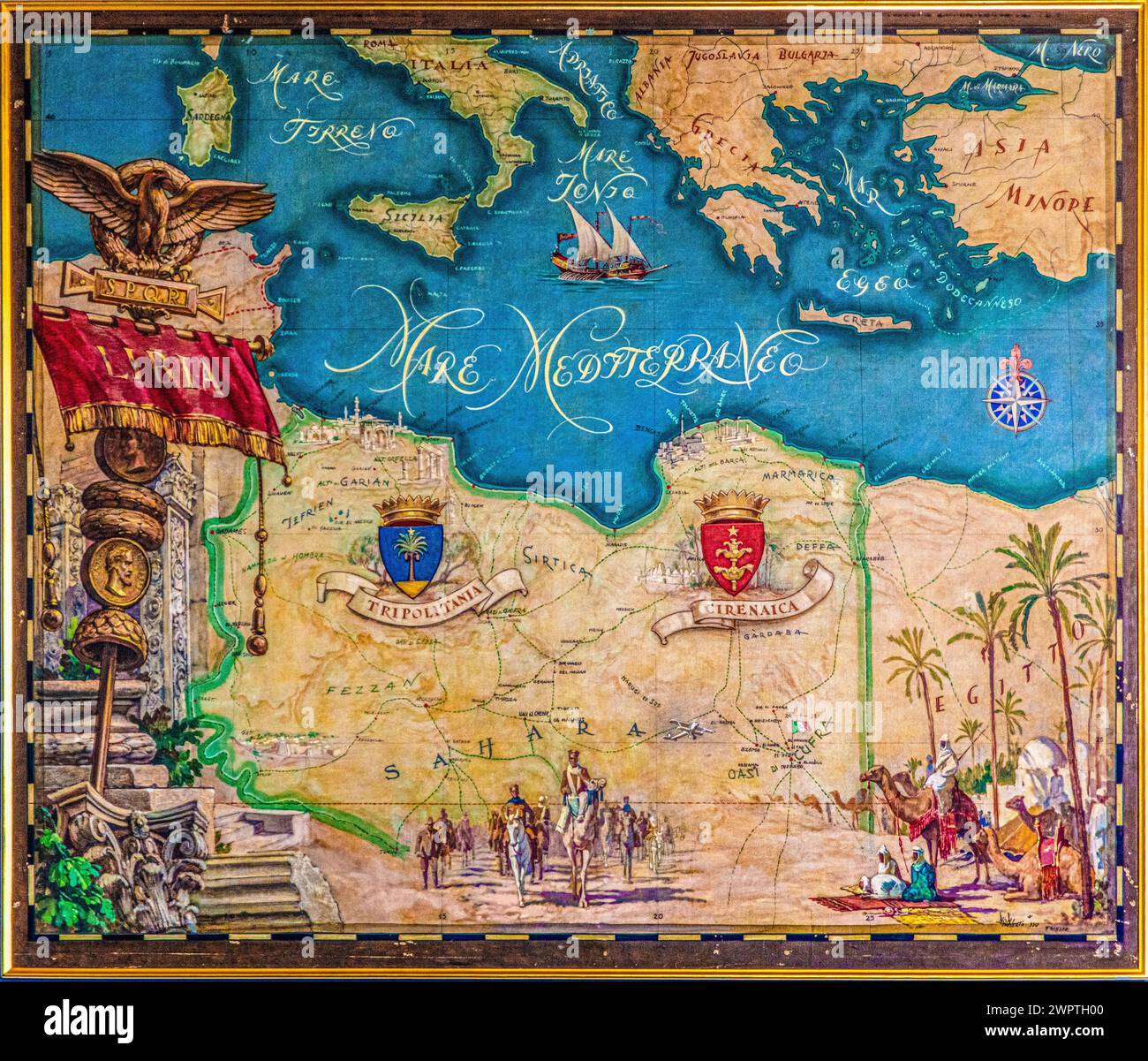 Mappa antica della Libia e della regione mediterranea, interni neo-rinascimentali e neo-barocchi, Castello di Miramare, 1870, residenza di Massimiliano di Foto Stock
