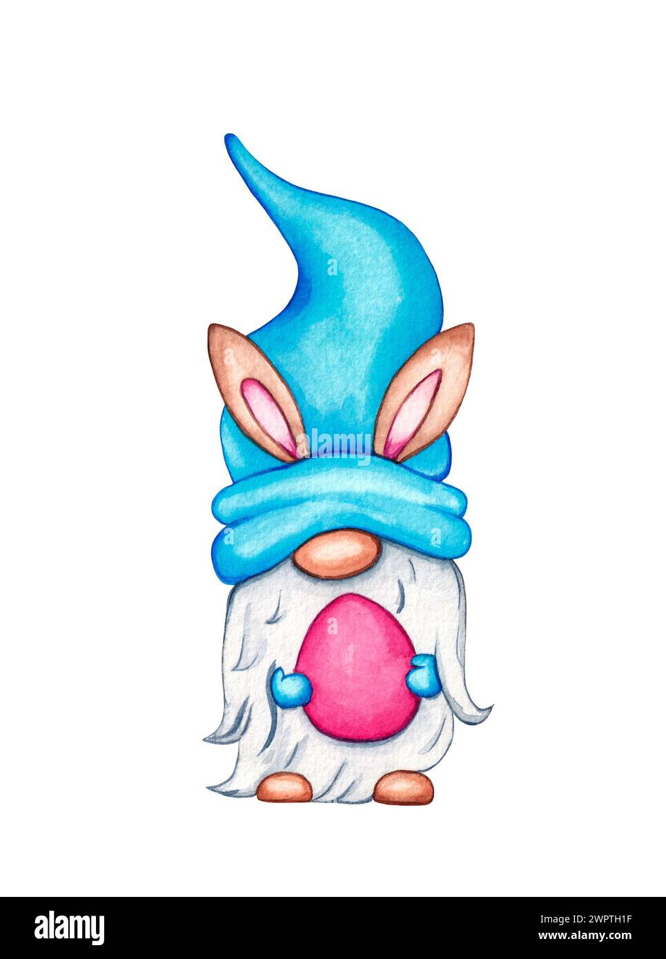 Acquerello Easter Gnome con le orecchie conigliette tiene l'uovo. Illustrazione ad acquerello disegnata a mano isolata su sfondo bianco, per le vacanze di Pasqua. Foto Stock