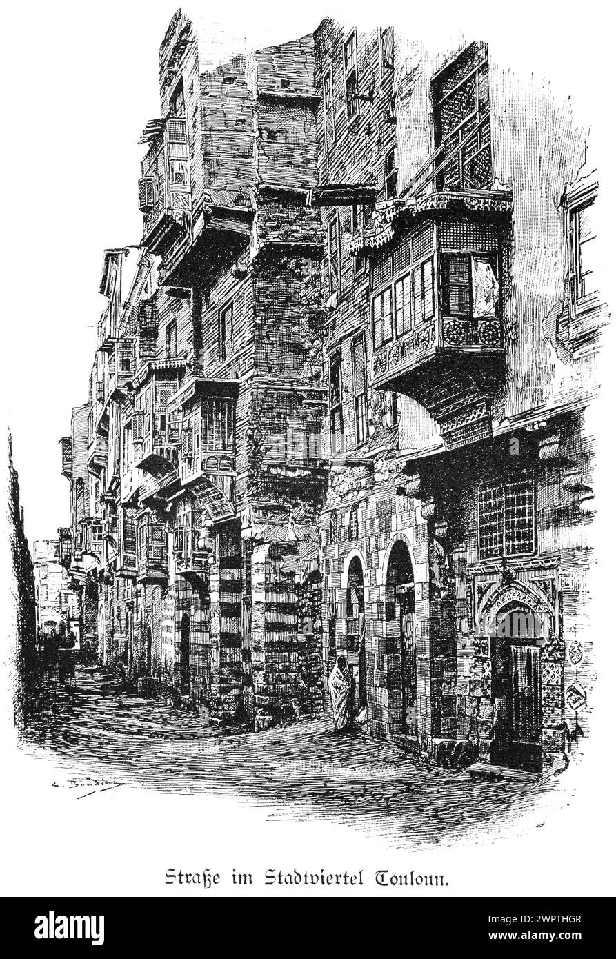 Street in zona Tonlon, Cairo, Egitto, vicolo, balconi, vista frontale, orientale, Africa, illustrazione storica 1890 Foto Stock