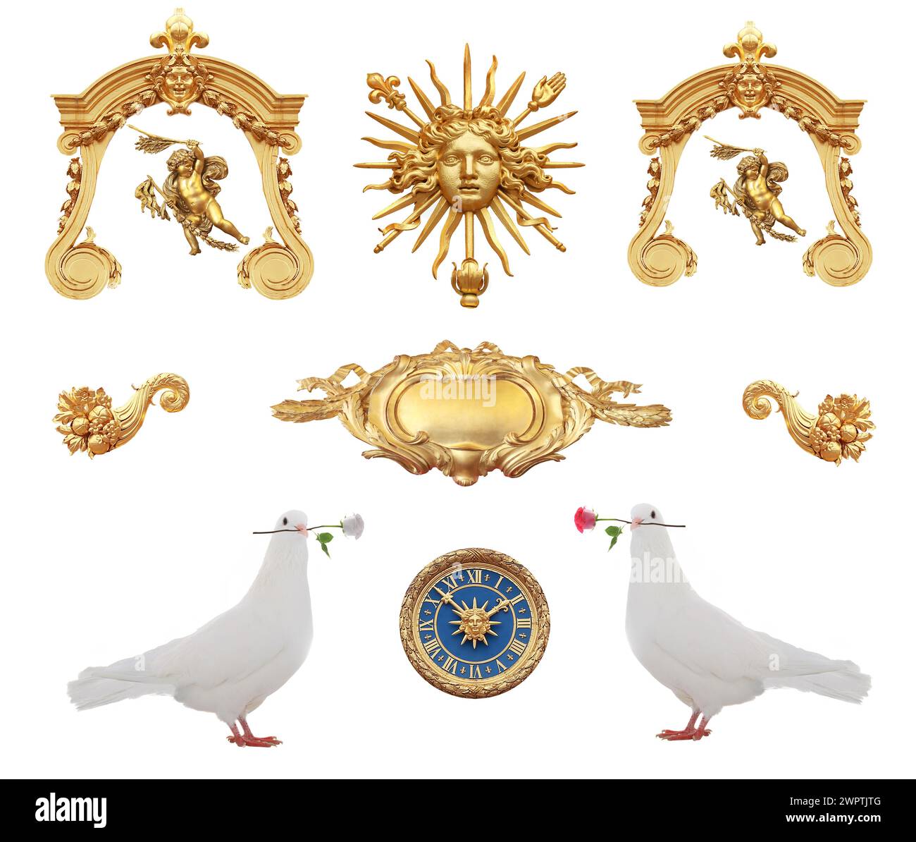 Dettagli dorati isolati nella chiusa di Versailles con piccioni con una rosa. Francia. Foto Stock