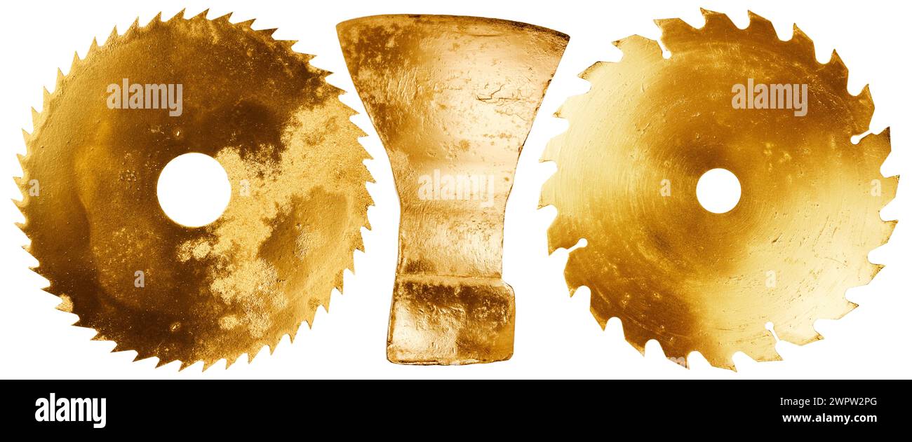 Collezione di vecchi strumenti dipinti in oro isolati su sfondo bianco Foto Stock