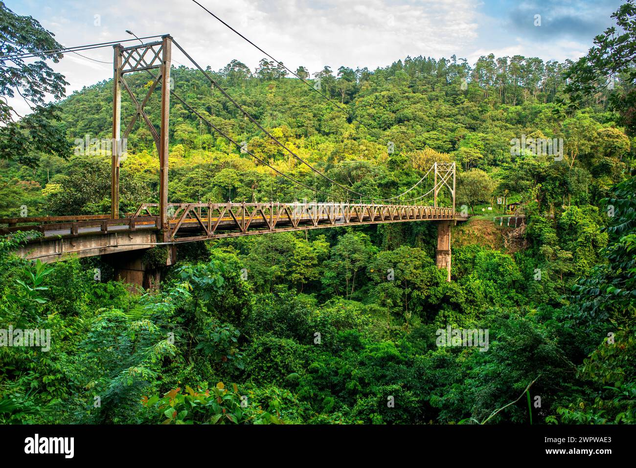 San Isidro de Peñas Blancas sospensione ponte attraversa la Penas Blancas fiume in Costa Rica centrale. Ponte tra La Fortuna e San Ramon in d Foto Stock