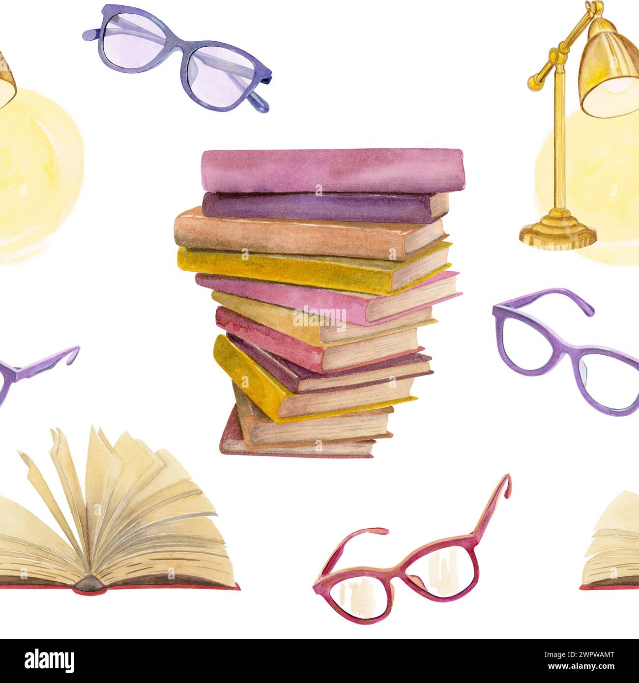 Composizione ad acquerello senza cuciture di libri dorati gialli rosa viola, libro aperto con copertina rigida, bicchieri rosa e viola e lampada da scrivania gialla Foto Stock