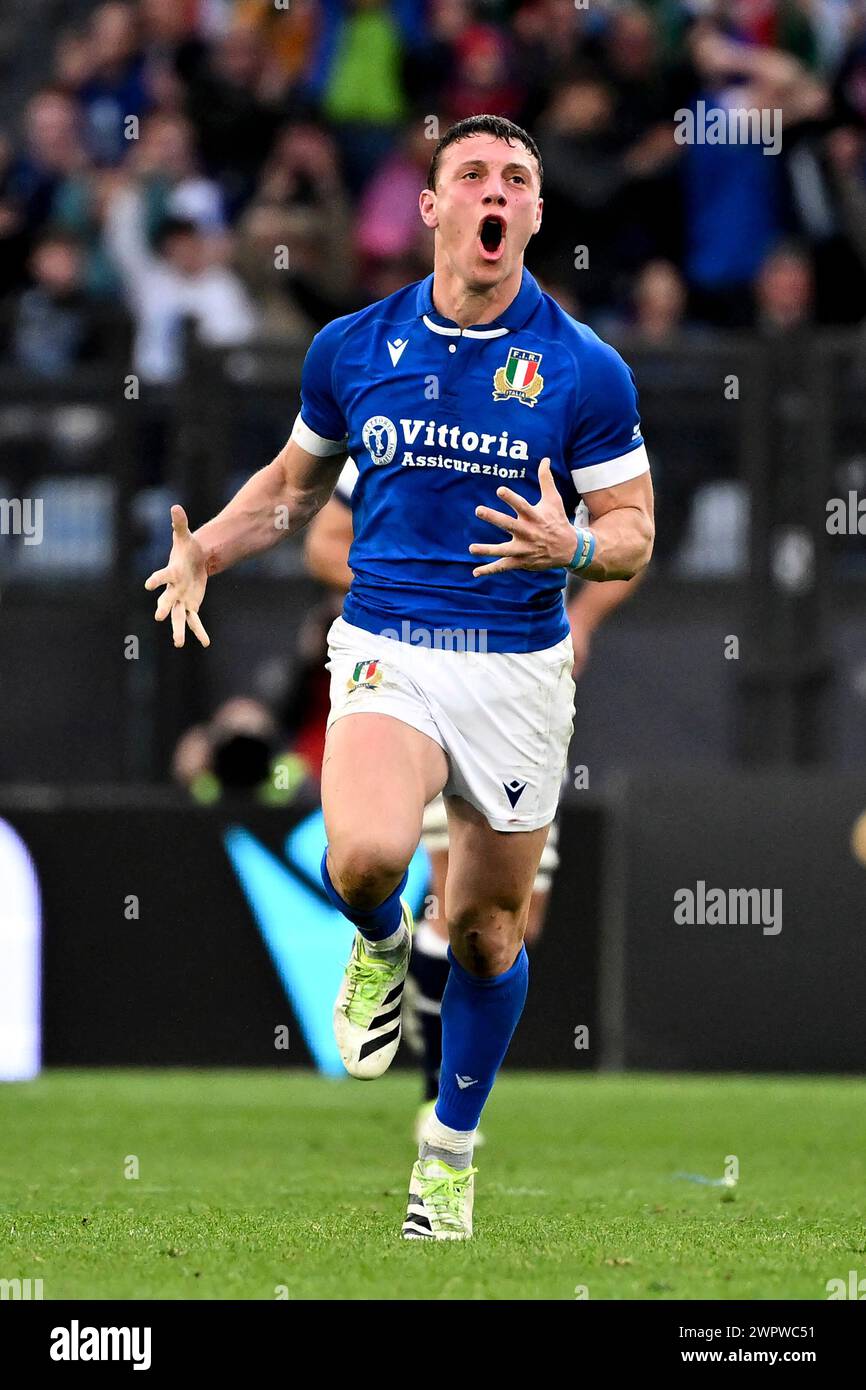 Roma, Italia. 9 marzo 2024. Paolo Garbisi festeggia il 9 marzo 2024 durante la partita di rugby delle sei Nazioni tra Italia e Scozia allo Stadio Olimpico di Roma. Crediti: Insidefoto di andrea staccioli/Alamy Live News Foto Stock