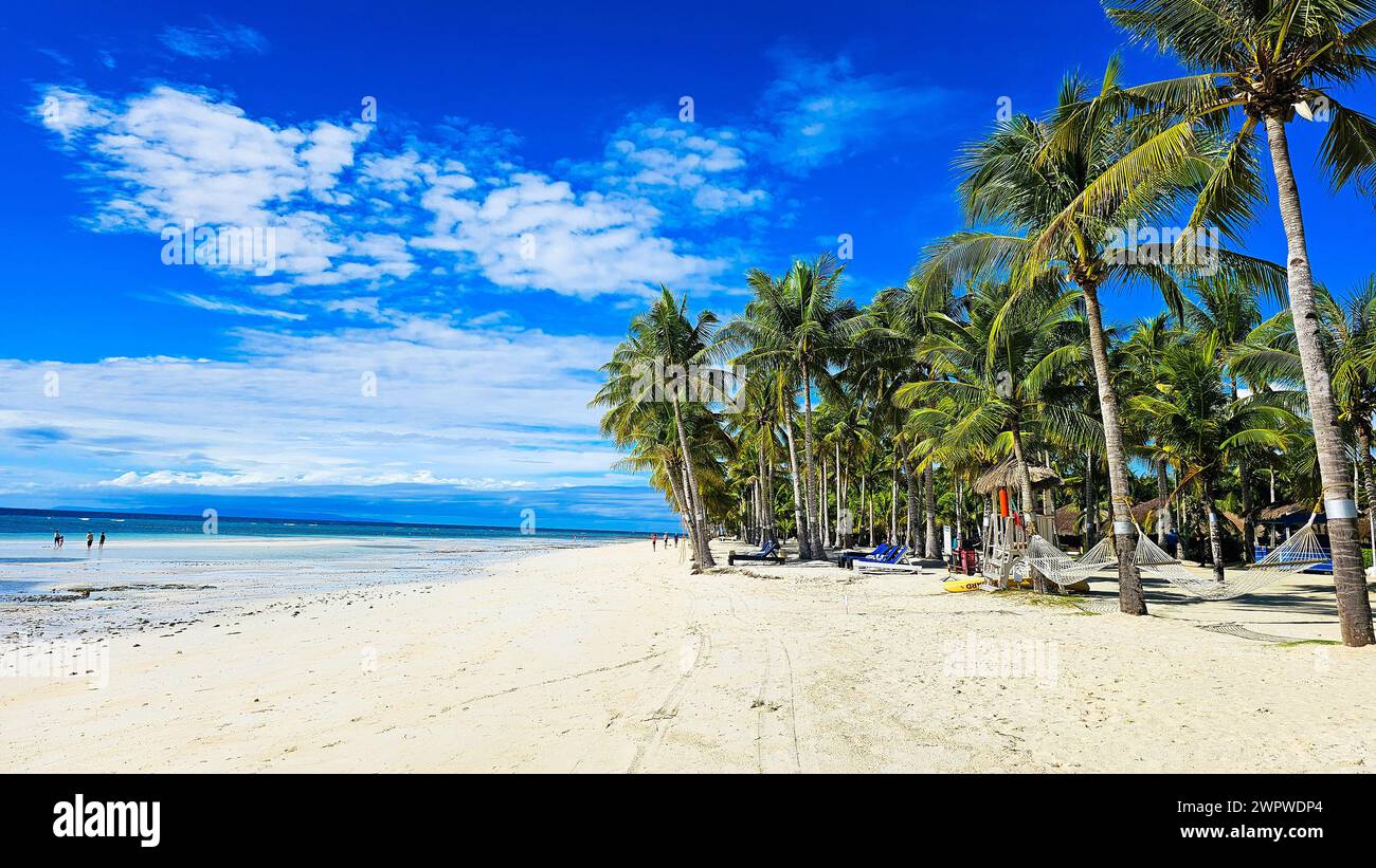 Le bellissime spiagge di Bohol, Filippine. Il cielo blu e la sabbia bianca aumentano la bellezza di una delle spiagge più panoramiche del mondo. Foto Stock