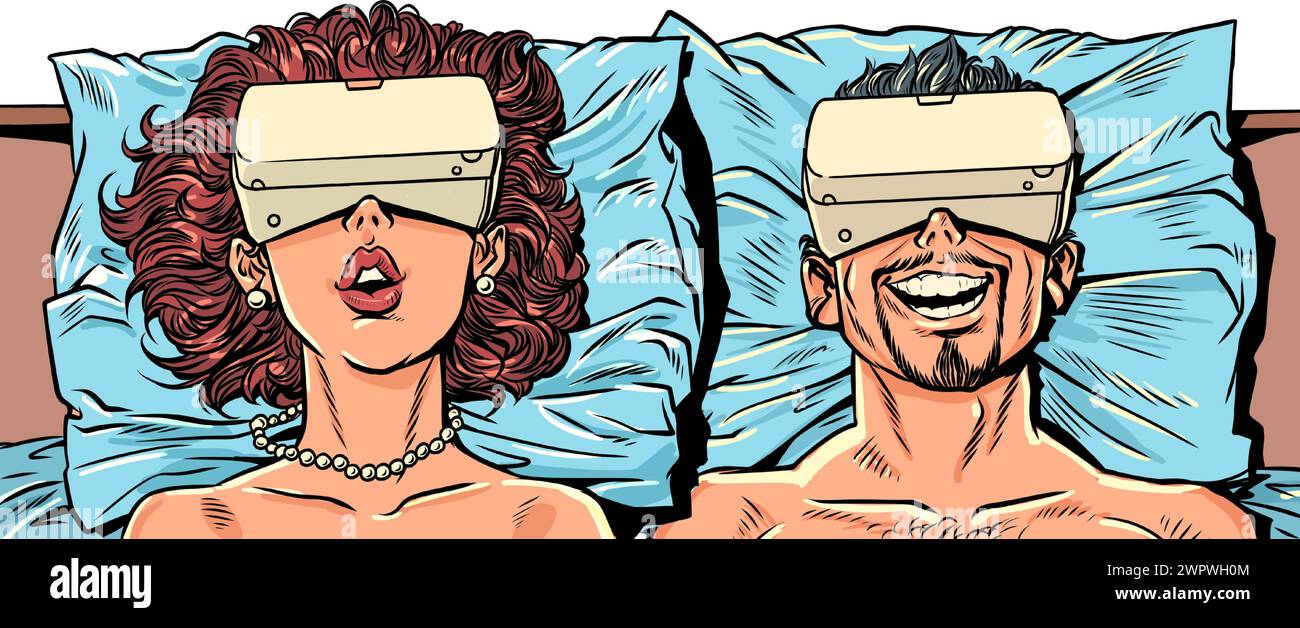 Un uomo e una donna sono sdraiati a letto con dispositivi VR. Realtà virtuale alternativa e interazione con esso. Nuovi oggetti tecnologici come un problema di mod Illustrazione Vettoriale