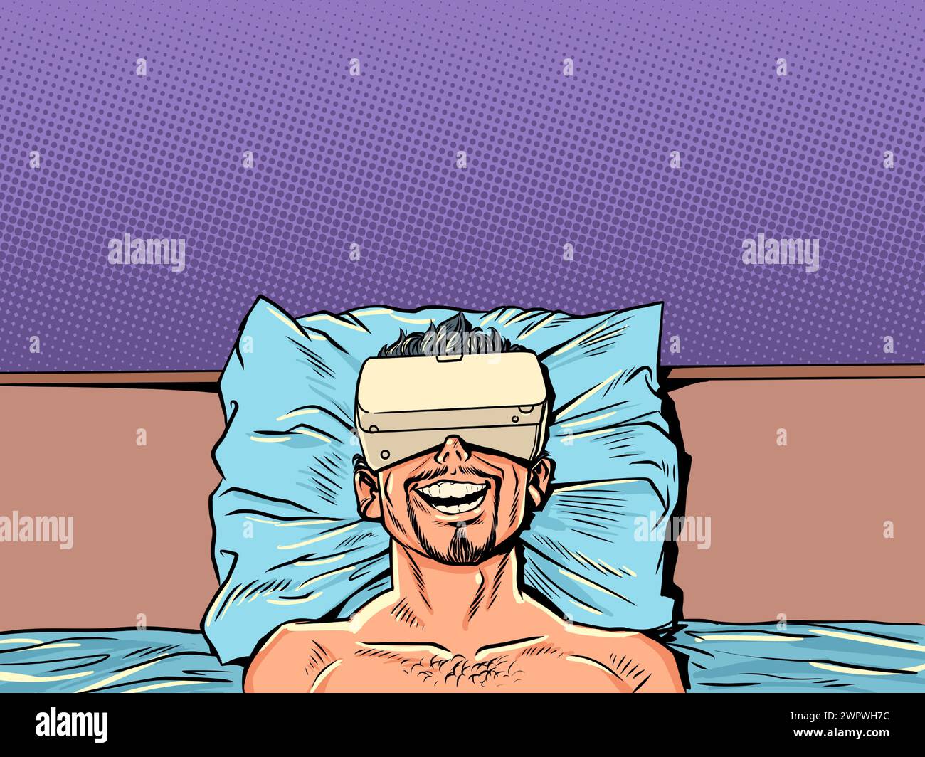 Un uomo giace a letto con un dispositivo VR. Potenziali rischi per la salute derivanti dalle nuove tecnologie. Possibilità futura di trascorrere il tempo libero in modi nuovi. Cartoni animati a fumetti pop A. Illustrazione Vettoriale